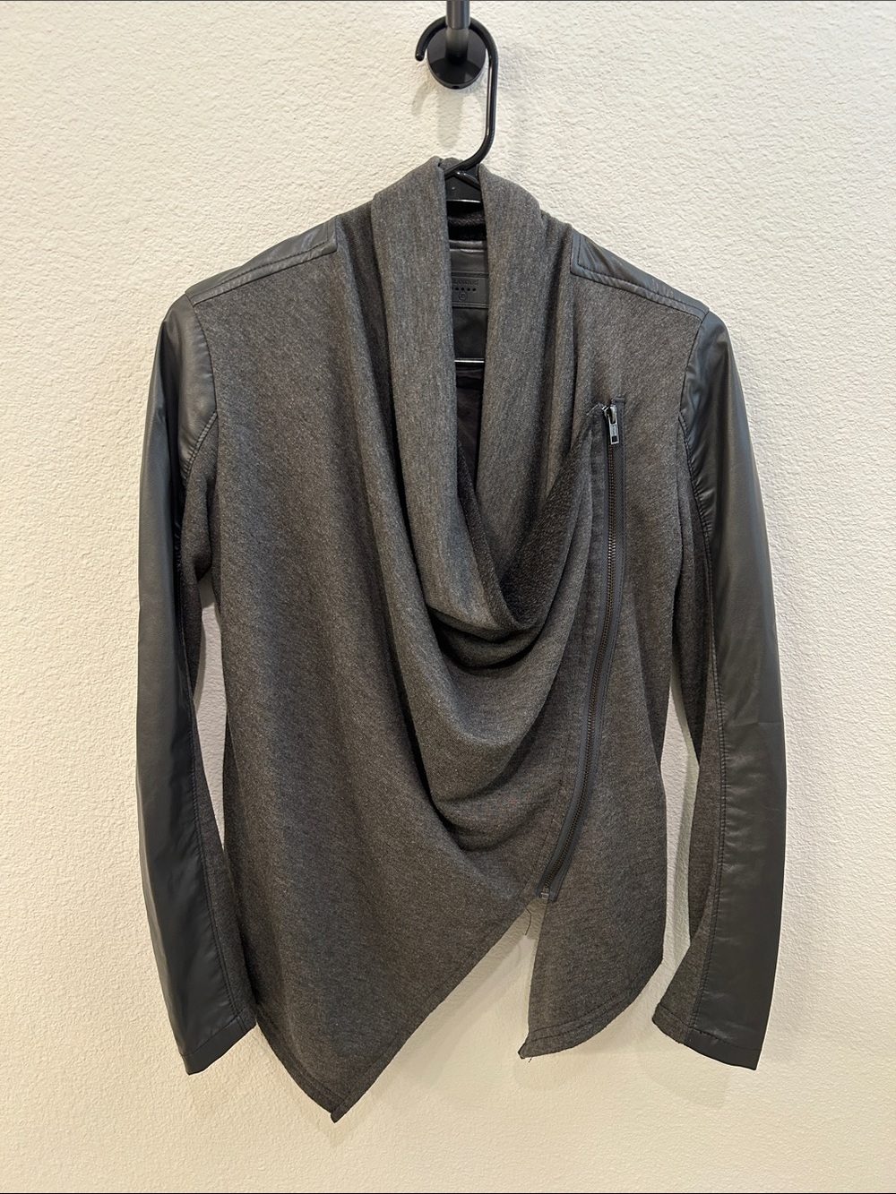 Blank NYC Charcoal Gray Draped Leather-Sleeve Jacket